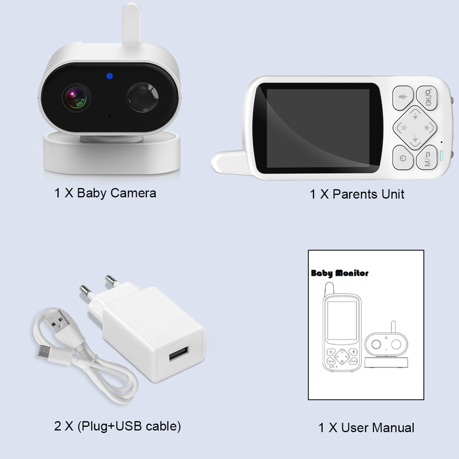 Babyphone-Komponenten, darunter Kamera, Elterneinheit, Ladegerät und Benutzerhandbuch.