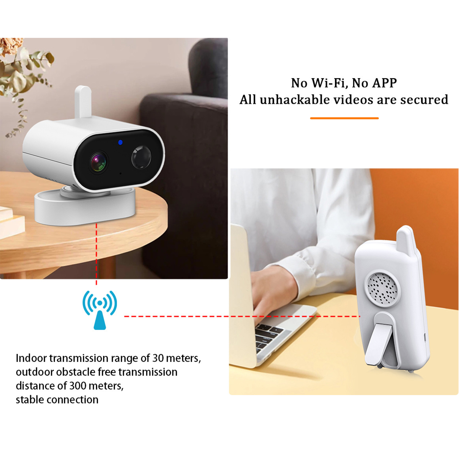Babyphone: Kameraeinheit und Monitor mit Bild eines Babys und Text.