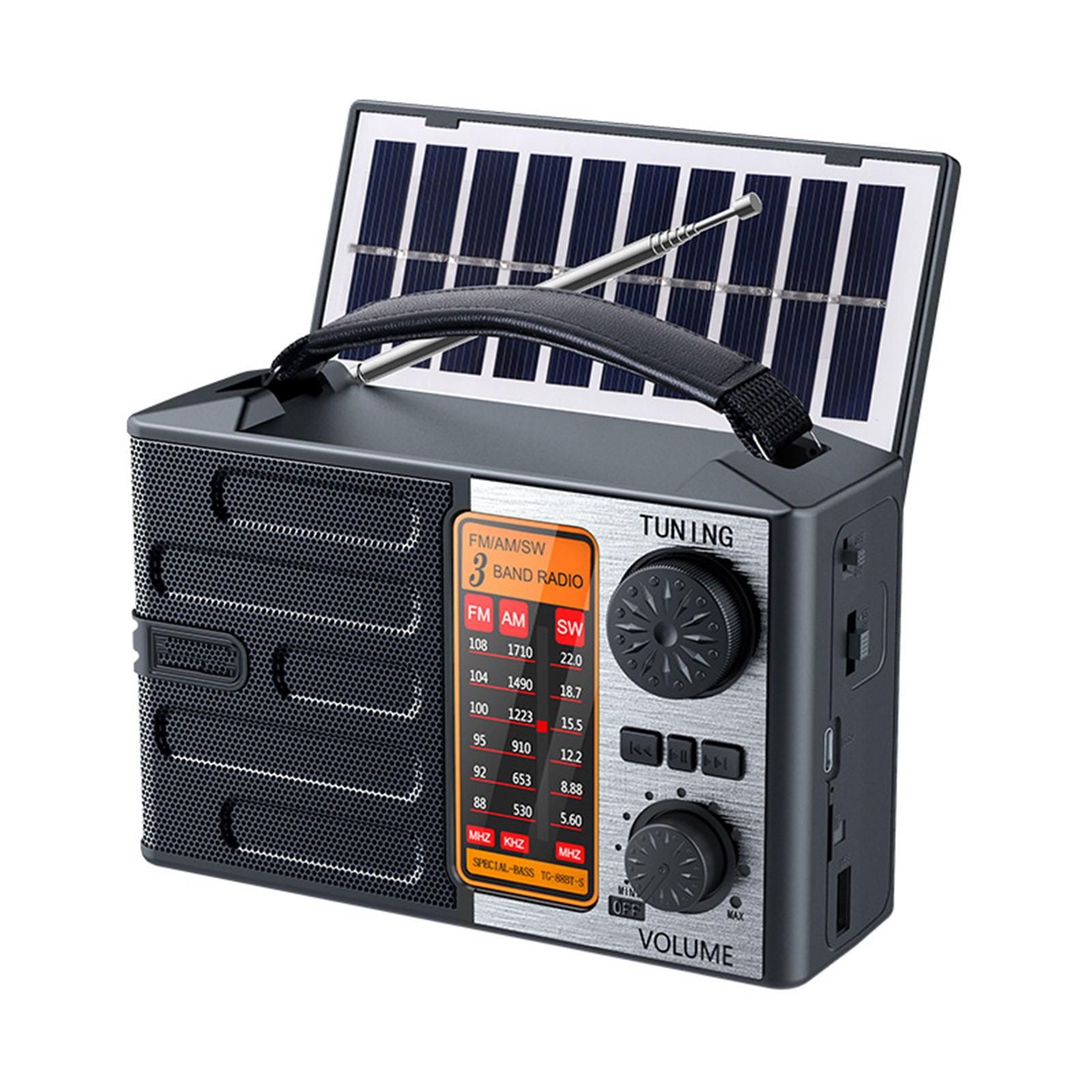Solarbetriebenes Radio mit Griff, Drehrädern und Bandanzeige, isoliert auf Weiß.