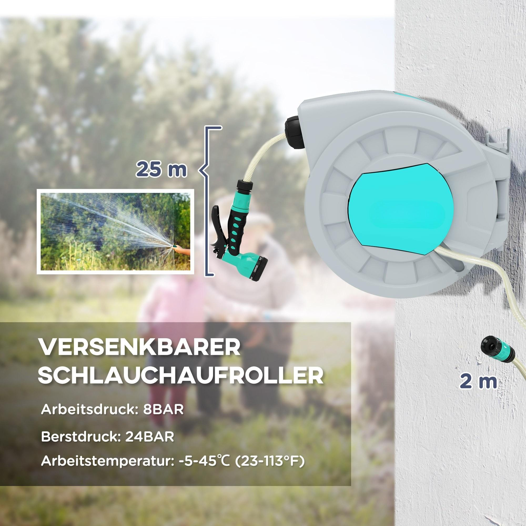 Ein einziehbarer Gartenschlauchaufroller an einer Wand, mit 25m Schlauch und Sprühdüse.