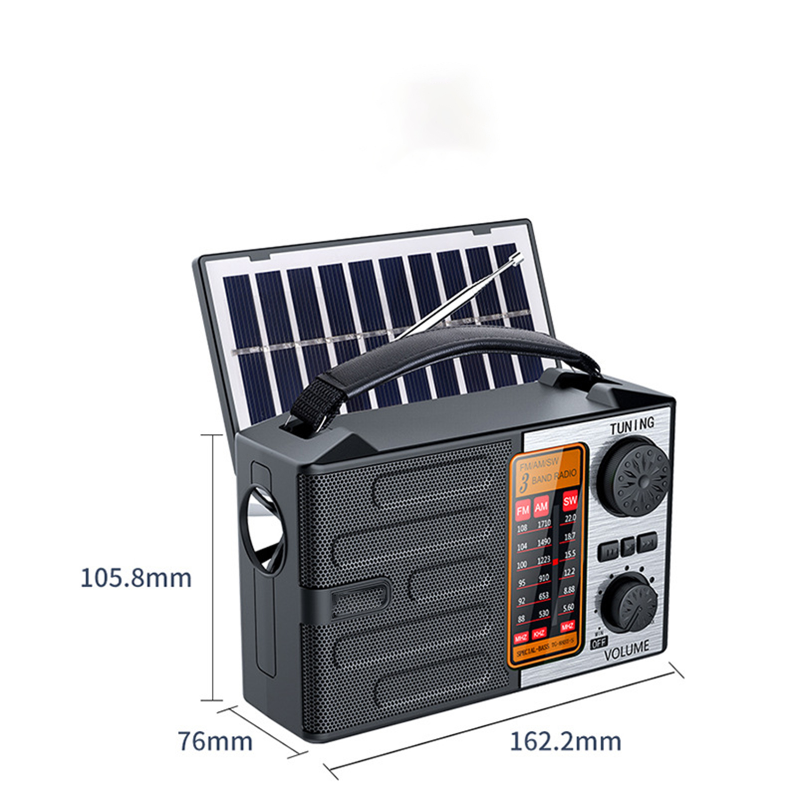Solarbetriebenes Radio mit Abmessungen, Griff, Drehrädern und Display, isoliert auf Weiß.
