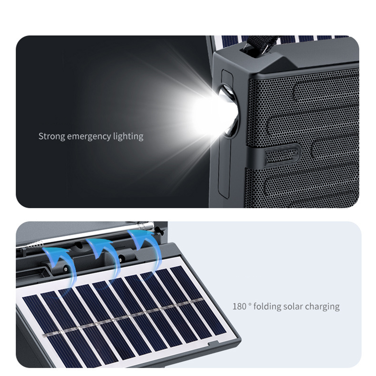 Ein schwarzer und grauer Lautsprecher mit Solarpanel und hellem Licht. Text zeigt Solarladung.
