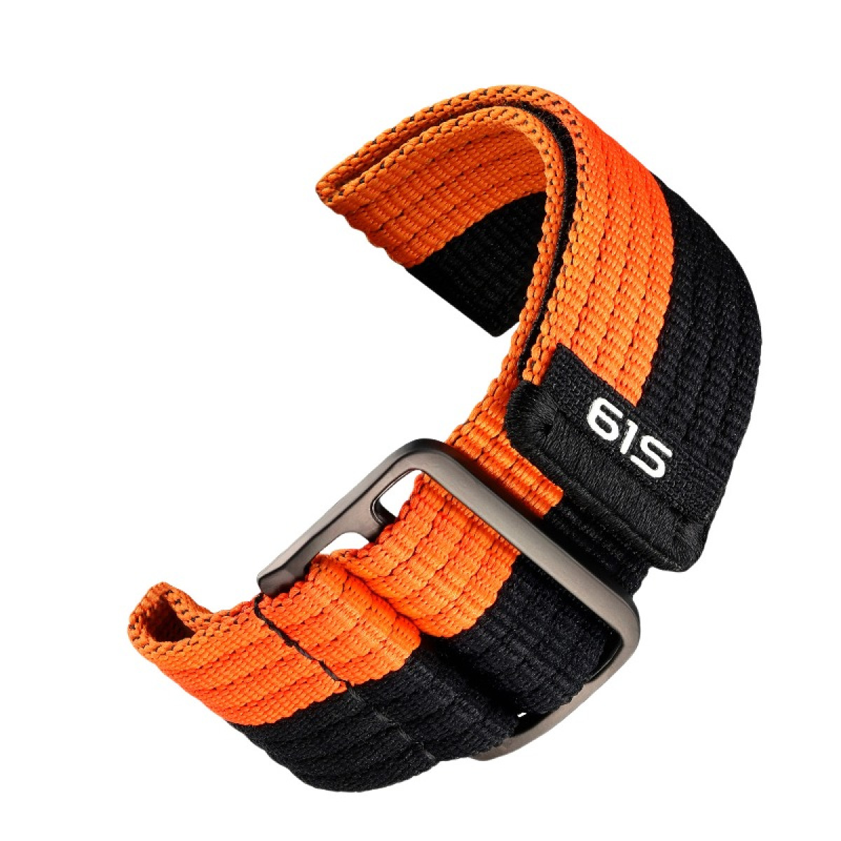 Orangener und schwarzer Uhrenarmband mit silberner Schnalle. Das Armband besteht aus Gewebe.