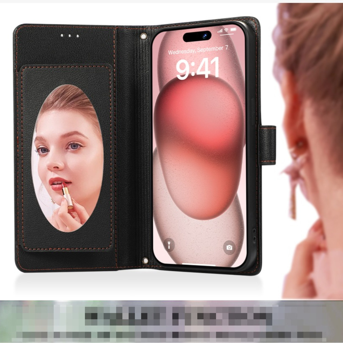 Una persona si applica il rossetto in una custodia per telefono con uno specchio all'interno.