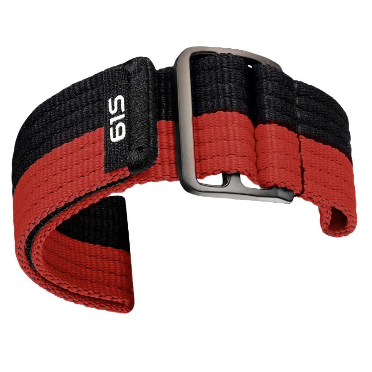 Rotes und schwarzes Uhrenarmband mit silberner Schnalle. Das Armband hat die Nummer 61S.