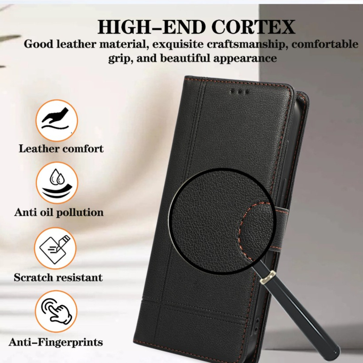 Custodia per telefono in pelle nera con comfort in pelle, anti-olio, resistenza ai graffi e anti-impronte.