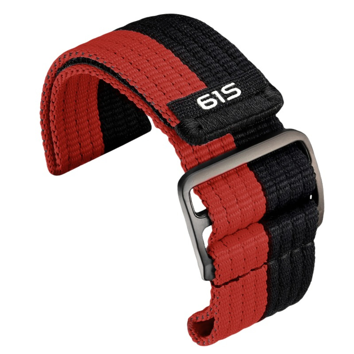 Ein rot-schwarzes Uhrenarmband mit Metallschnalle. Das Armband hat ein Streifendesign.