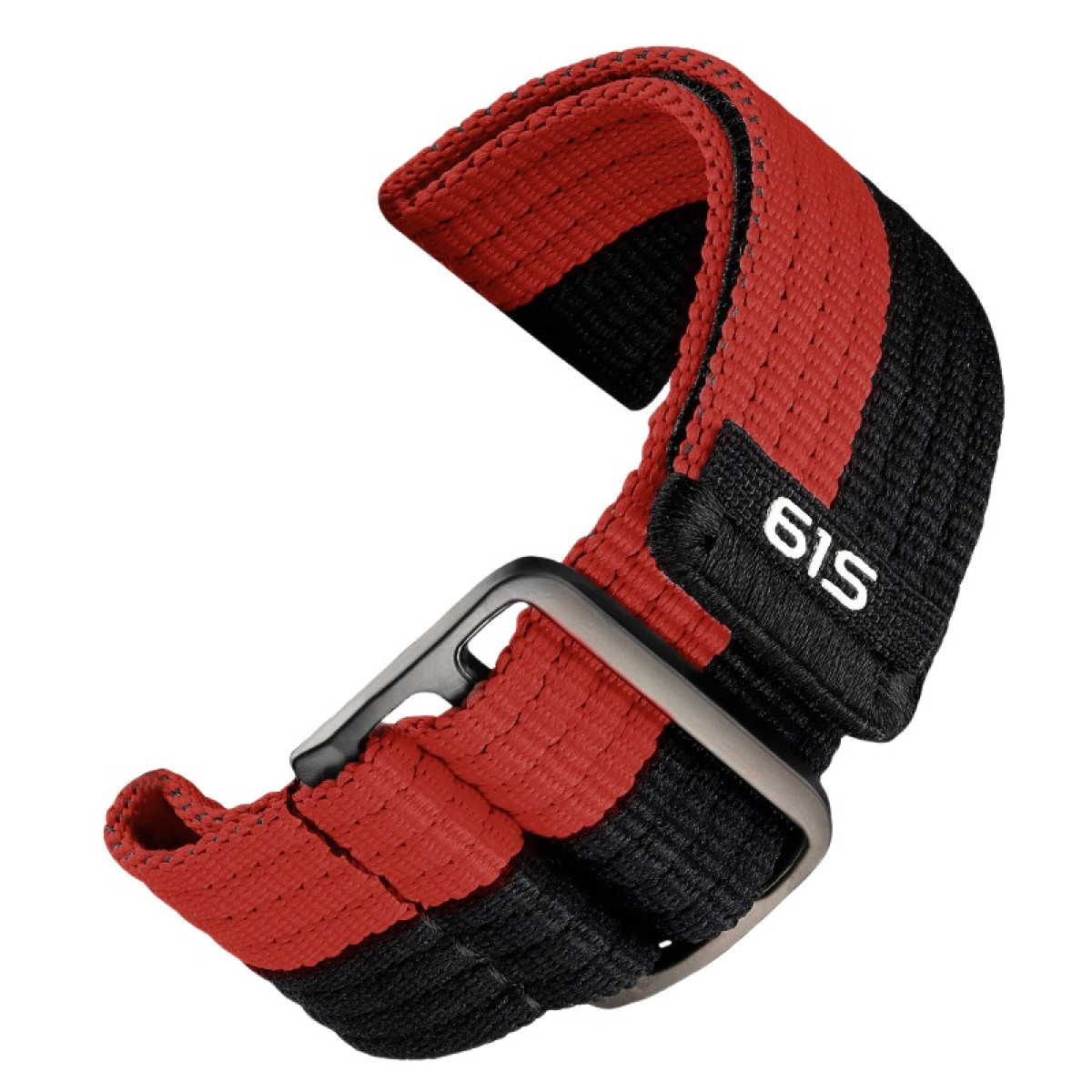 Rotes und schwarzes Uhrenarmband mit silberner Schnalle. Das Armband hat die Nummer 61S.