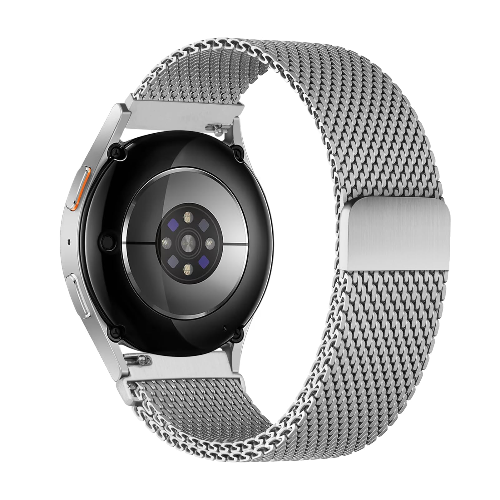 Eine silberne Uhr mit einem Mesh-Armband. Die Rückseite der Uhr ist sichtbar.