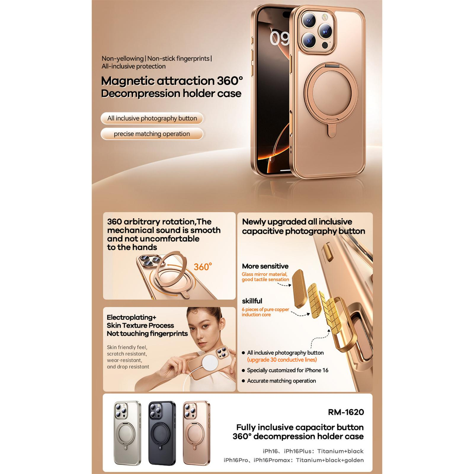Goldene Telefonhülle mit Ring, Produktinfo und Funktionen auf beigem Hintergrund.