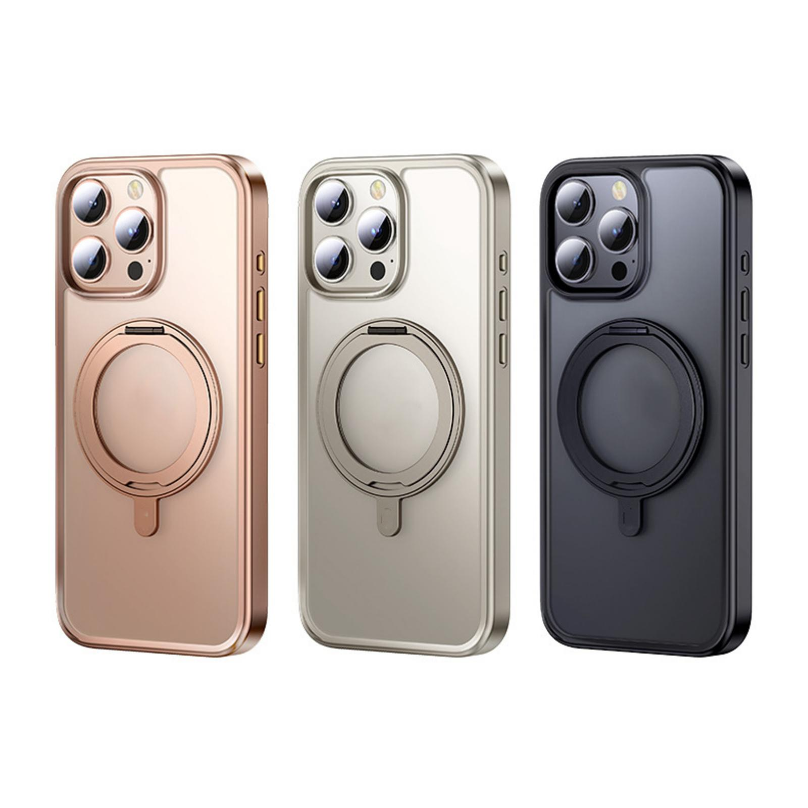 Drei Handyhüllen: Gold, Silber und Schwarz, mit einem Magnetring auf weißem Hintergrund.