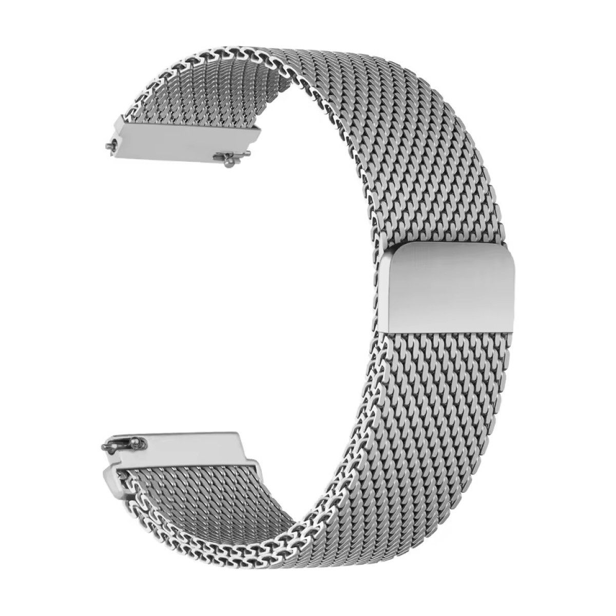 Silbernes Metall-Mesh-Uhrenarmband. Das Band ist gebogen, mit Metallverschlüssen an jedem Ende.