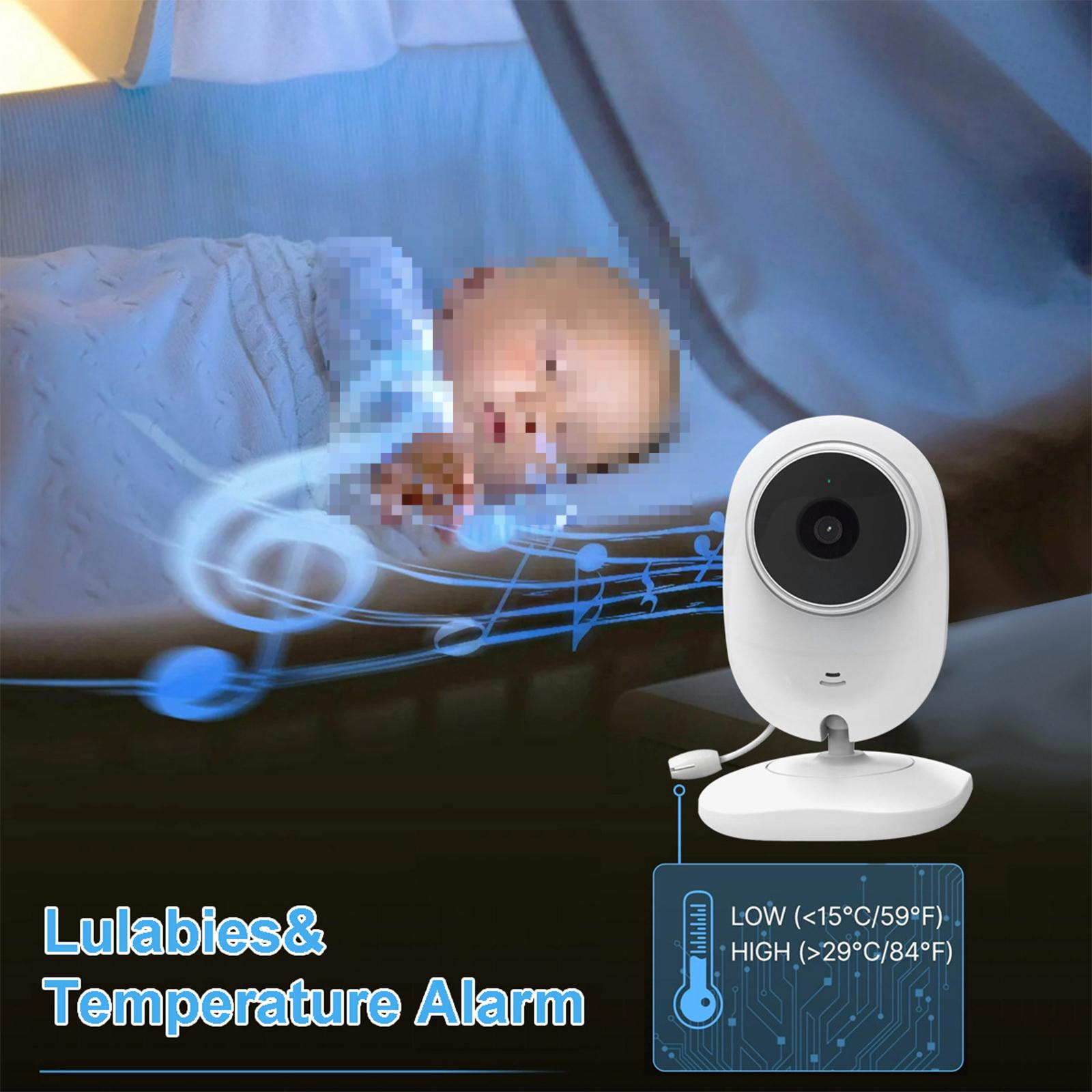 Baby schläft in Krippe mit Babyphone. Text: Schlaflieder & Temperatur-Alarm.