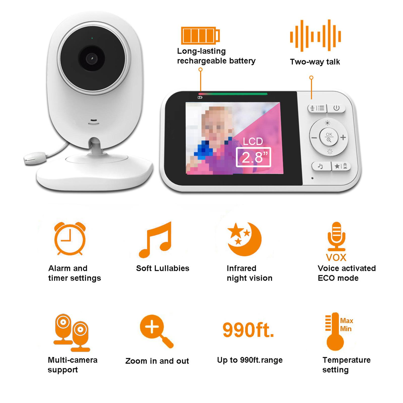 Babyphone. Funktionen: Alarm, Schlaflieder, Nachtsicht, VOX-Modus, Multi-Kamera-Unterstützung, Zoom, 990 ft Reichweite.