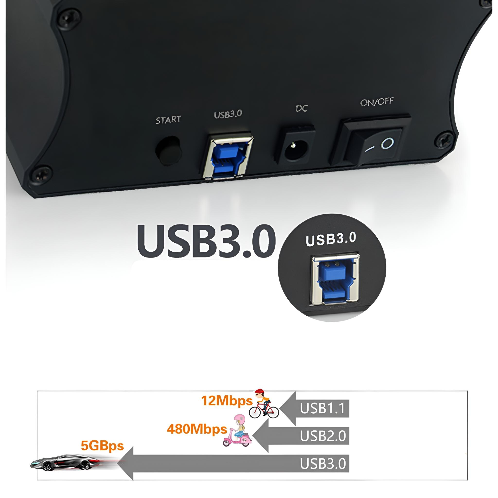 Ein schwarzes USB 3.0-Gerät mit Anschlüssen. Das Bild zeigt einen Geschwindigkeitsvergleich.