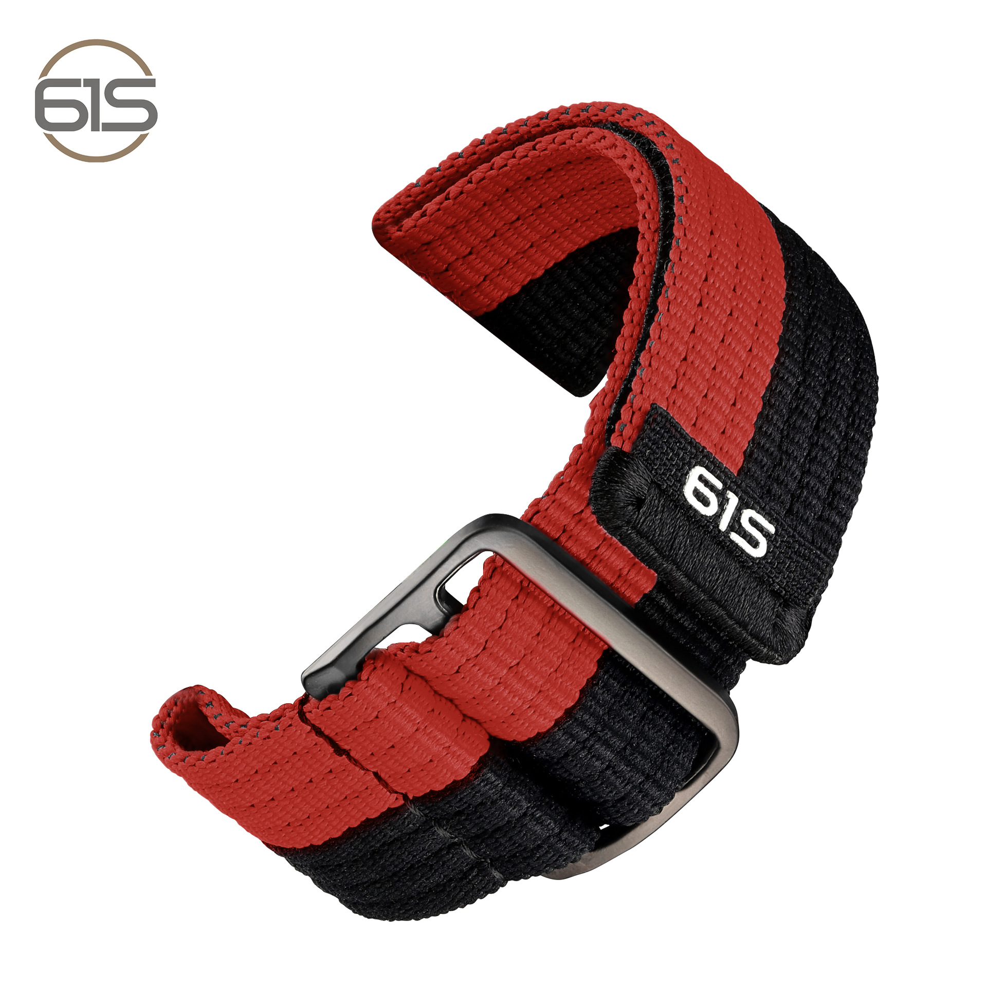 Ein rot-schwarz gestreiftes Uhrenarmband mit Metallschnalle, isoliert auf Weiß, mit Logo.