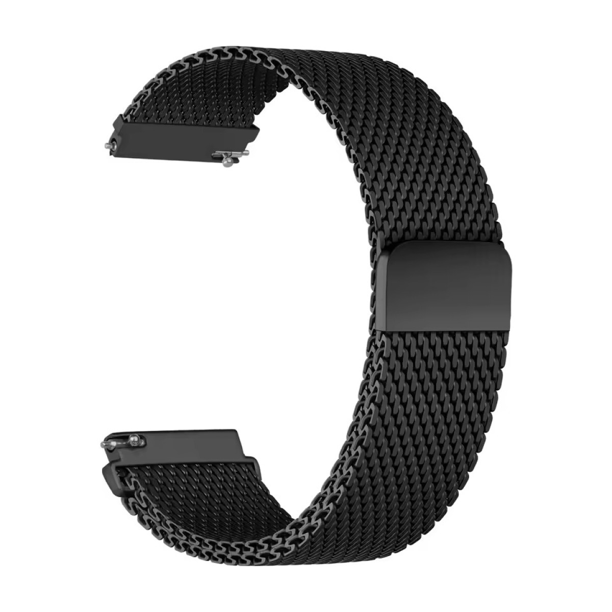 Cinturino per orologio in mesh nero, con chiusura in metallo, su sfondo bianco.