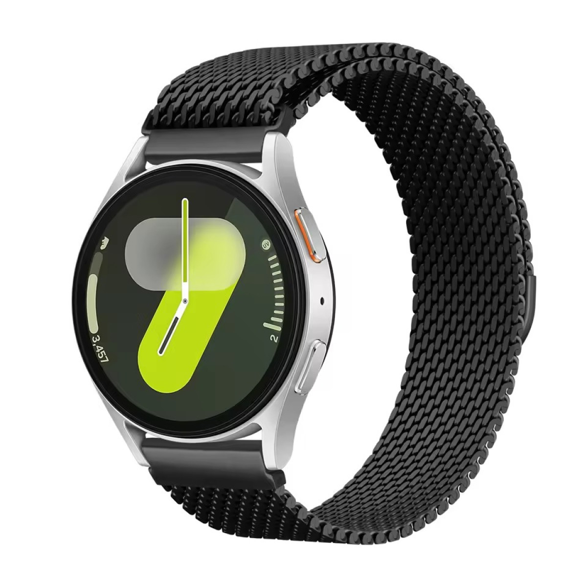 Smartwatch con cinturino a maglia nera. Il quadrante mostra una grafica verde. Il cinturino avvolge.