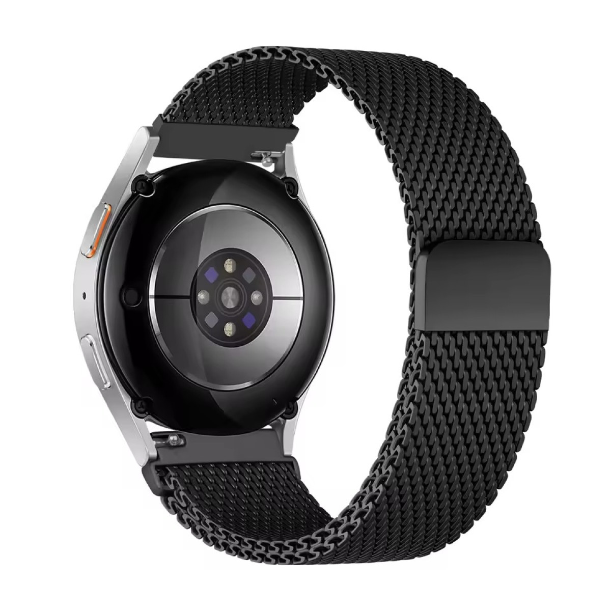 Uno smartwatch nero con cinturino in mesh nero, vista posteriore.