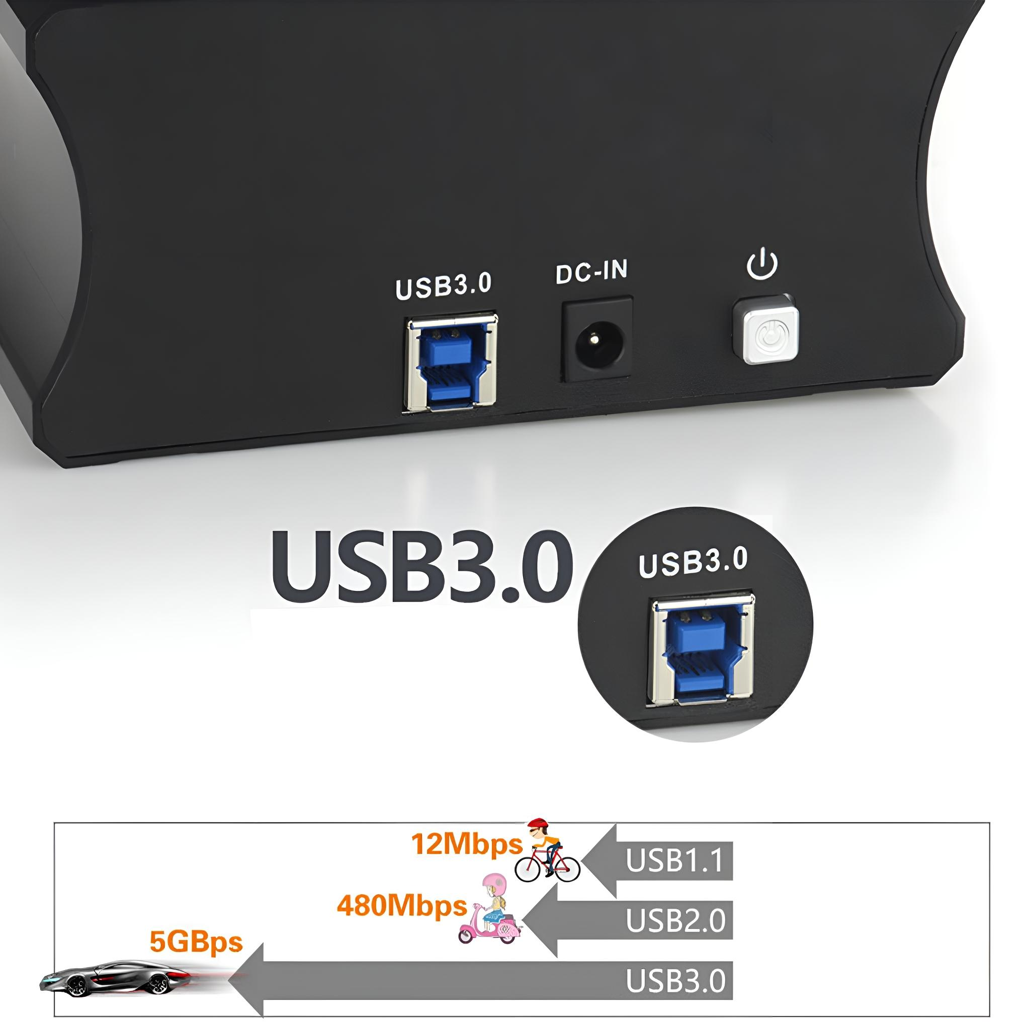 Schwarzes Festplattengehäuse mit USB3.0 und Strom, mit Diagramm zum USB-Geschwindigkeitsvergleich.