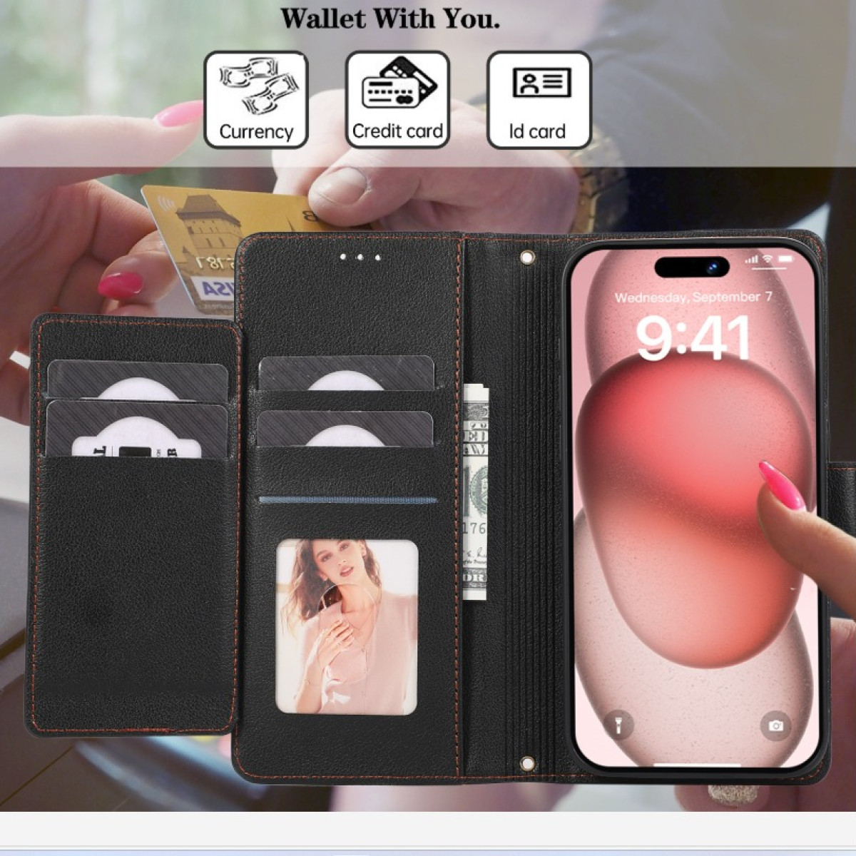 Un portafoglio nero con carte, denaro e un telefono che mostra una mappa, con il testo: Wallet With You.