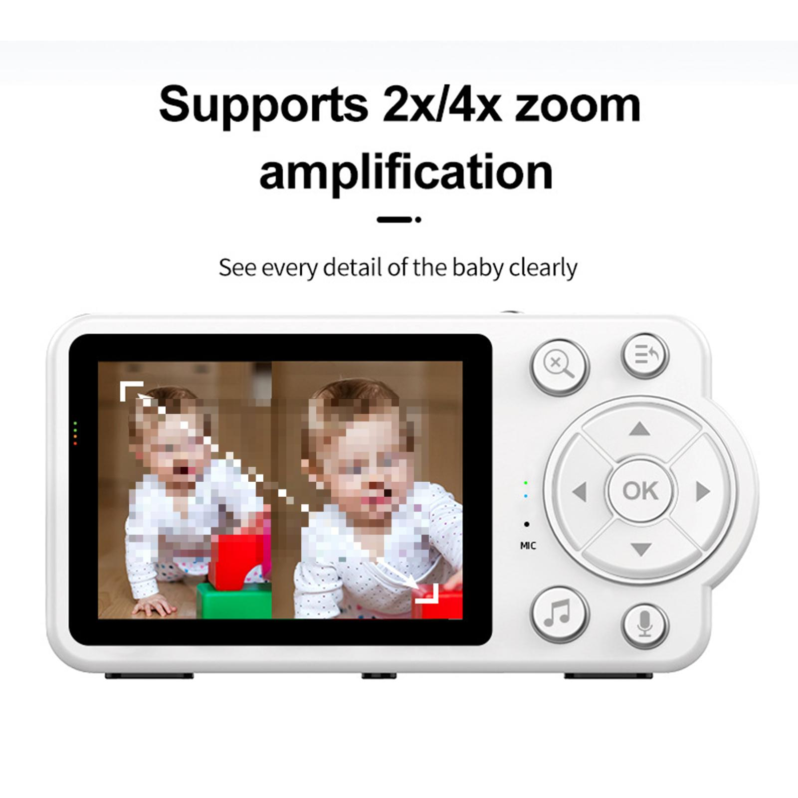 Babyphone-Bildschirm zeigt zwei Babybilder mit Zoom-Optionen und Steuertasten an der Seite.