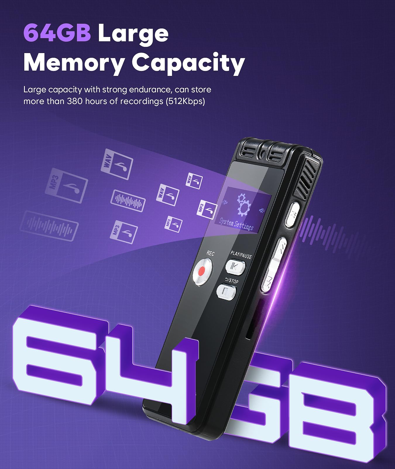 Ein schwarzes Diktiergerät mit 64 GB Speicher, WAV, MP3-Symbolen und Einstellungsmöglichkeiten, sowie ein violetter Hintergrund.
