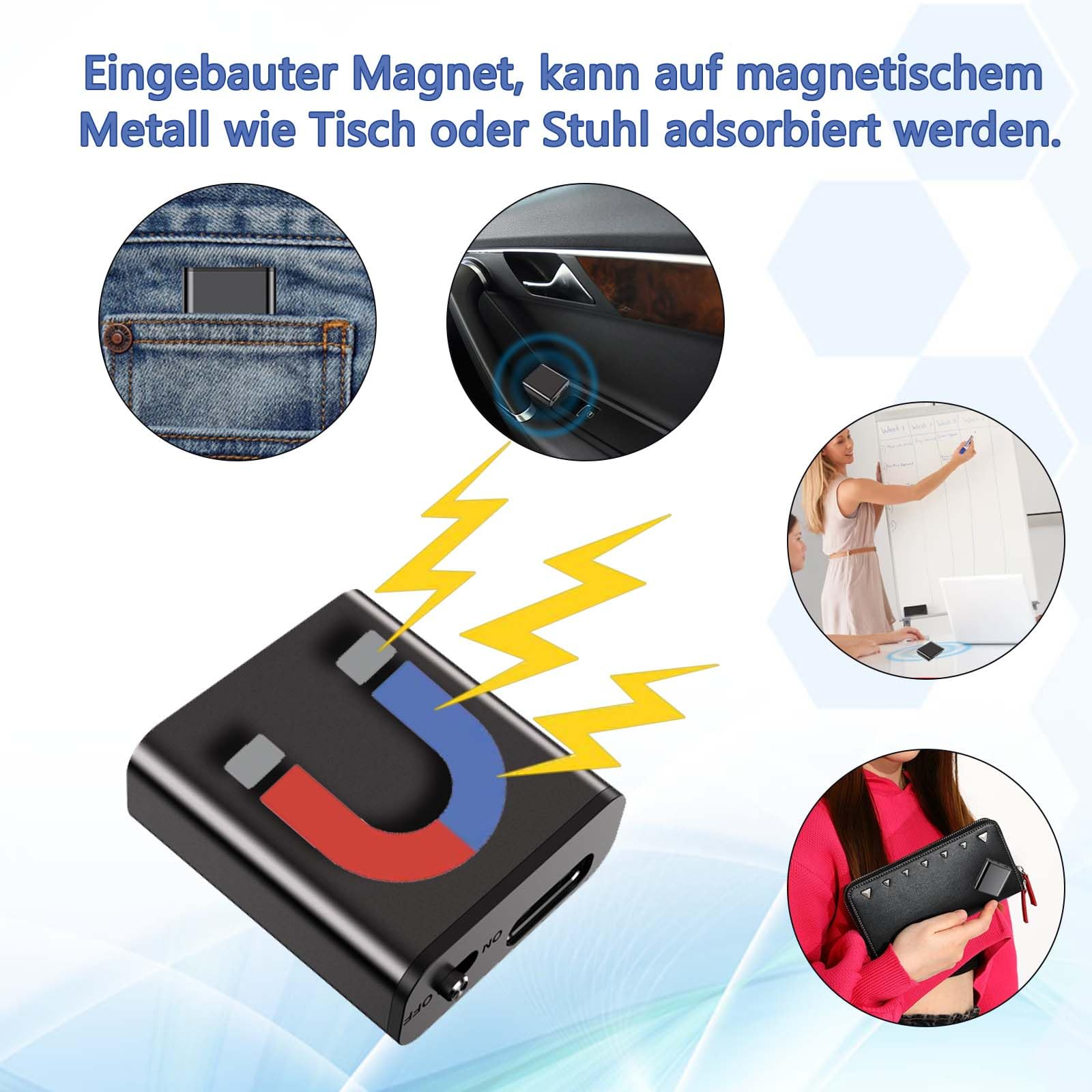 Schwarzes Gerät mit Magnet, umgeben von Bildern. Menschen benutzen es.