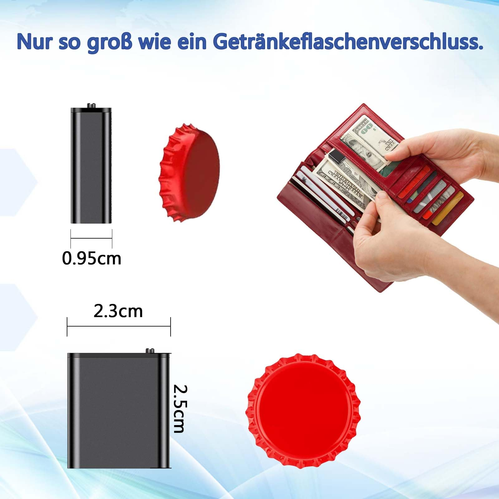 Kleines schwarzes Aufnahmegerät neben einer Knopfzelle und einem roten Kronkorken, mit einer Geldbörse.