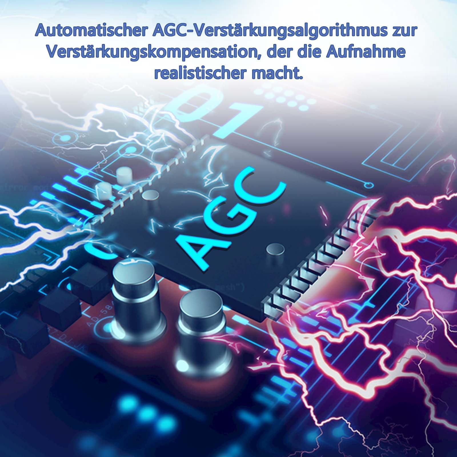 Ein Mikrochip mit Text und Blitzen. Blaue und lila Farben. Technologiekonzept.