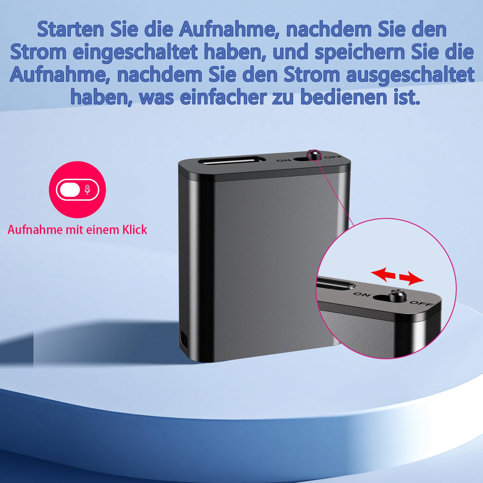 Schwarzes Aufnahmegerät mit Ein-/Ausschalter, roter Aufnahmetaste und Bildschirm.