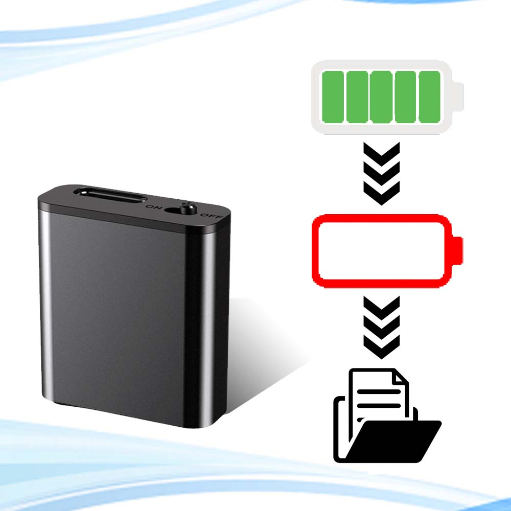 Schwarzes rechteckiges Gerät mit Ein/Aus-Schalter, Batterie- und Dateisymbolen.