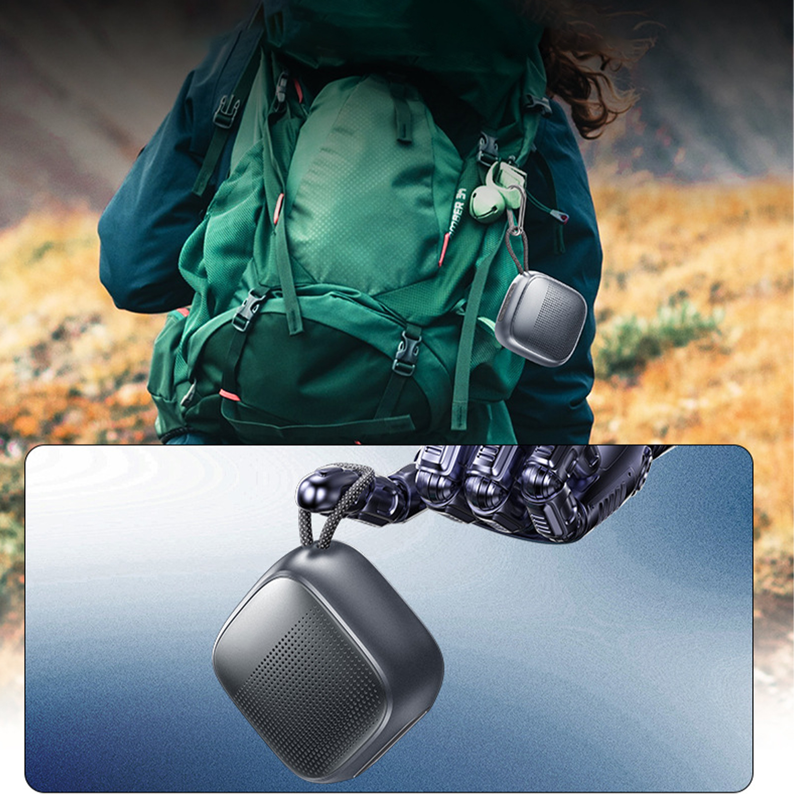 Grauer Lautsprecher, gehalten von Roboterarm und vor dem Rucksack einer Person.