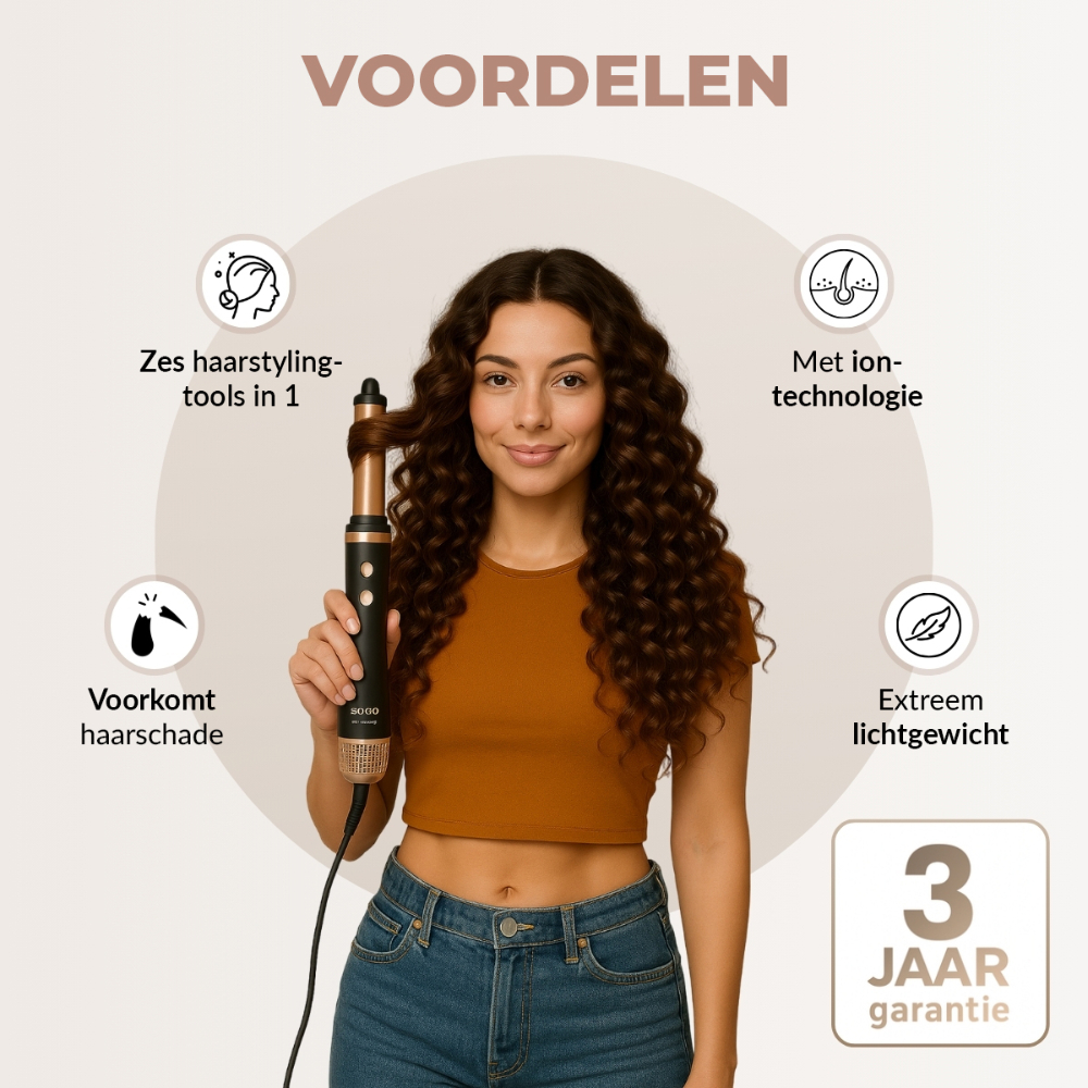 Donna con arricciacapelli. Testo: 6 strumenti in 1, tecnologia ionica, previene i danni ai capelli, leggero, 3 anni di garanzia.