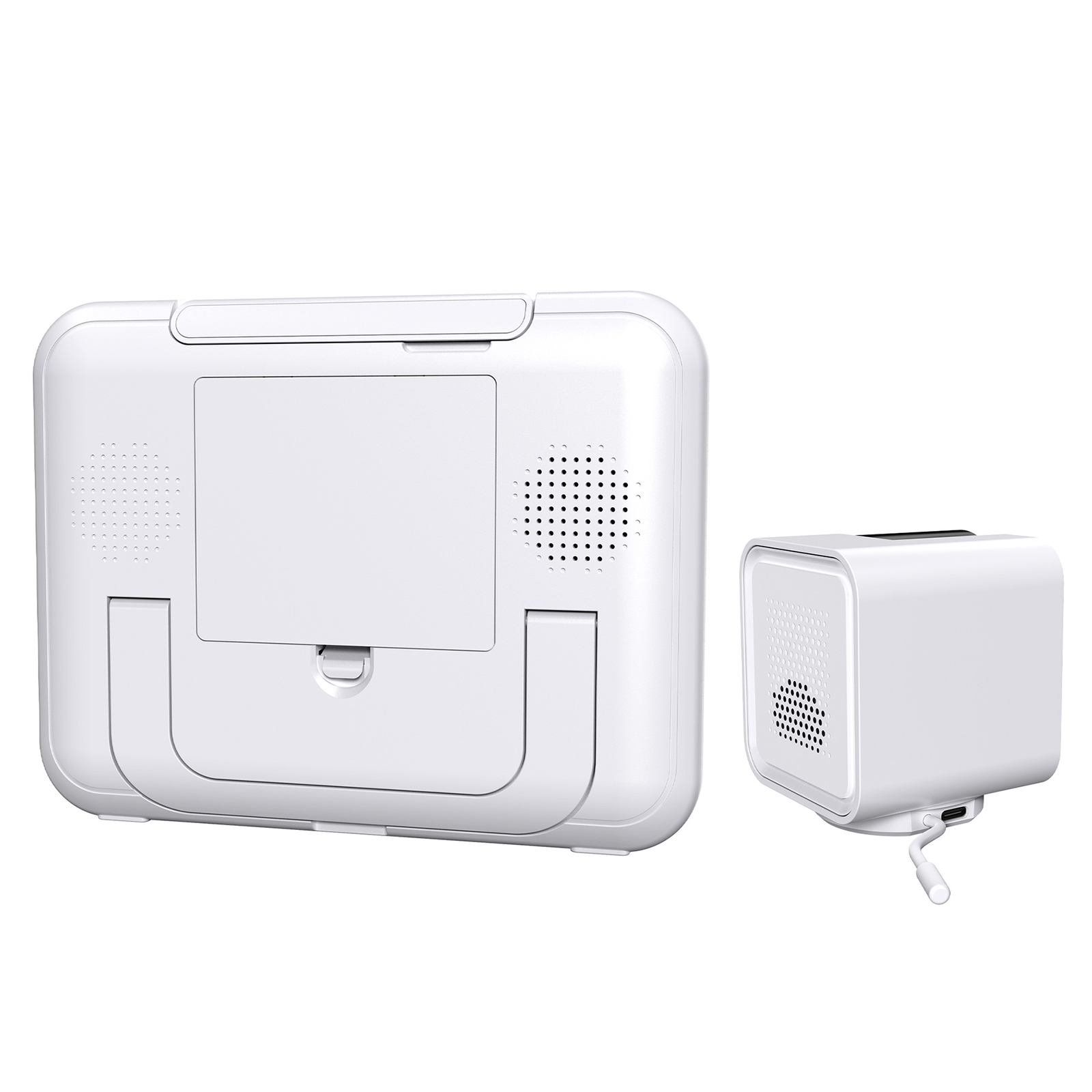 Weißes Babyphone-Set, das die Rückseite des Monitors und die Seite der Kameraeinheit zeigt.
