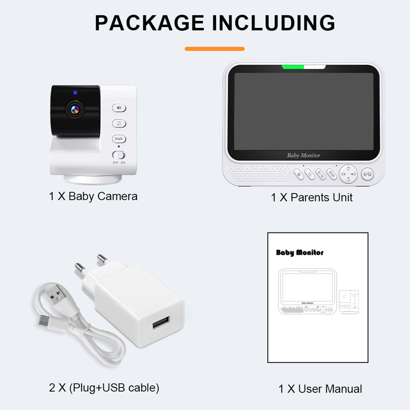 Paket mit Babyphone-Komponenten: Kamera, Elterneinheit, Ladegerät und Benutzerhandbuch.