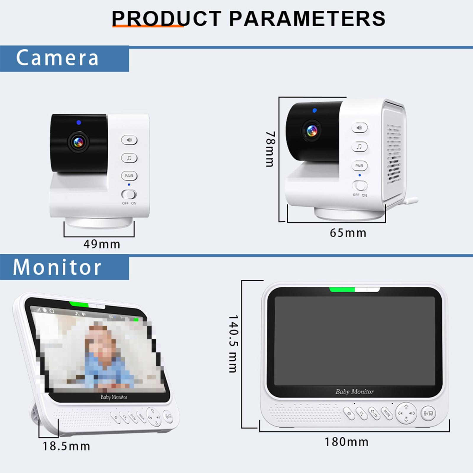 Produktparameter eines Babyüberwachungssystems, einschließlich Kamera und Monitor.