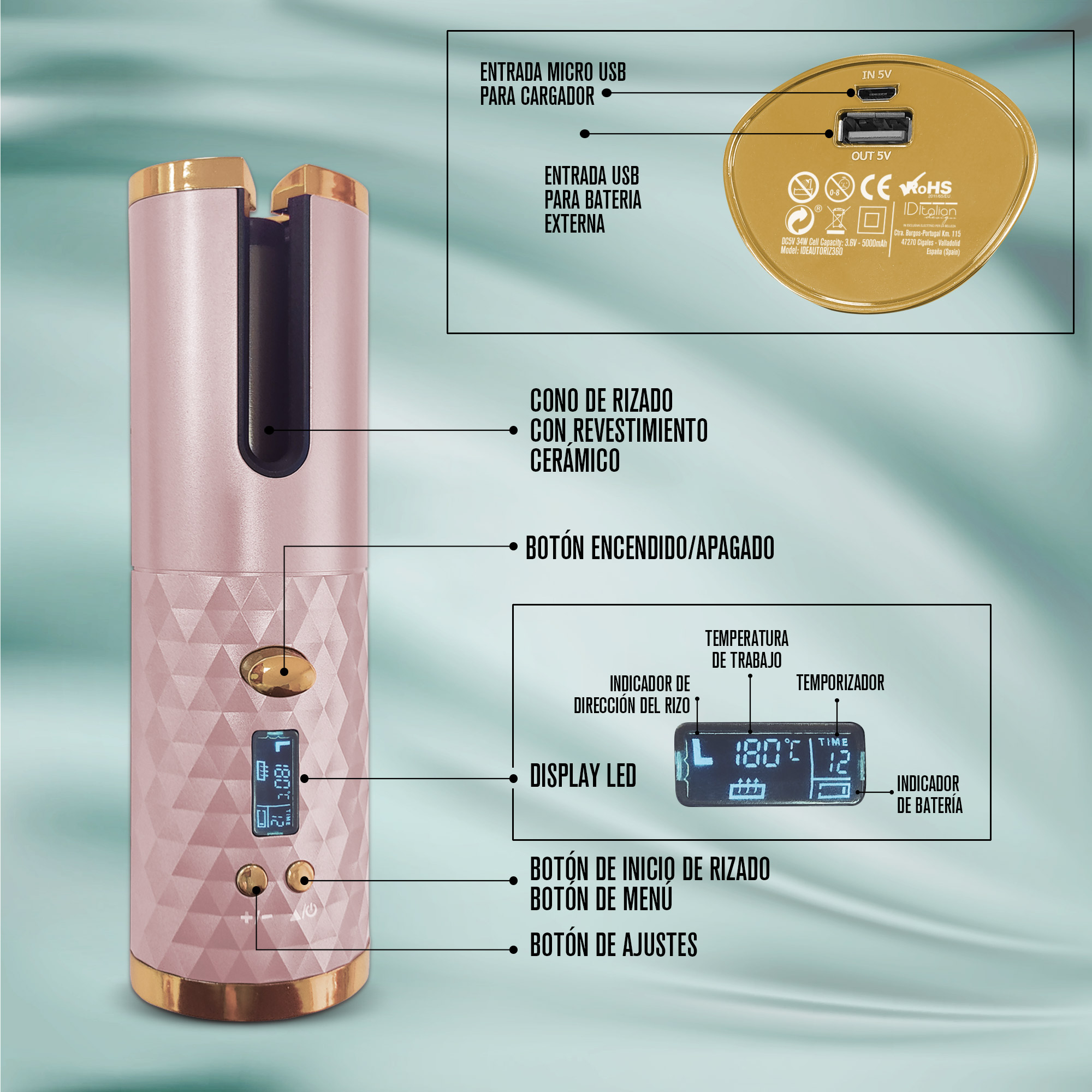 Różowa lokówka z panelem sterowania, portami USB i komponentami opisanymi w języku hiszpańskim.