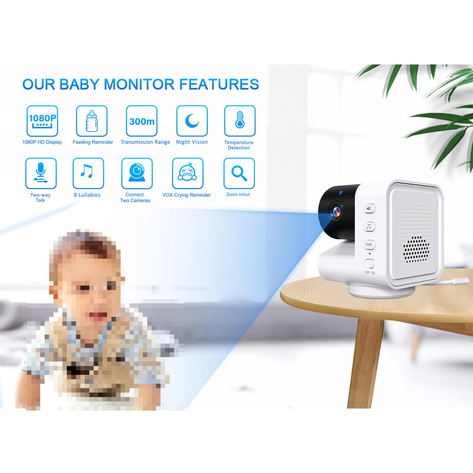 Babyphone-Funktionen: 1080p-Anzeige, Fütterungserinnerung, Nachtsicht, Schlaflieder und mehr.