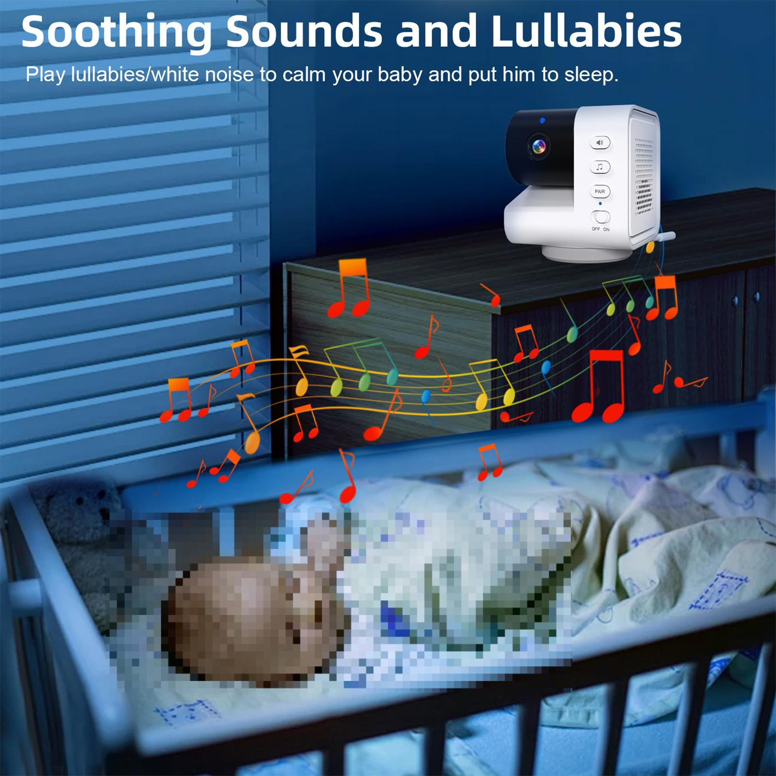 Baby im Bettchen, Monitor mit Noten, Text 'Soothing Sounds and Lullabies'.
