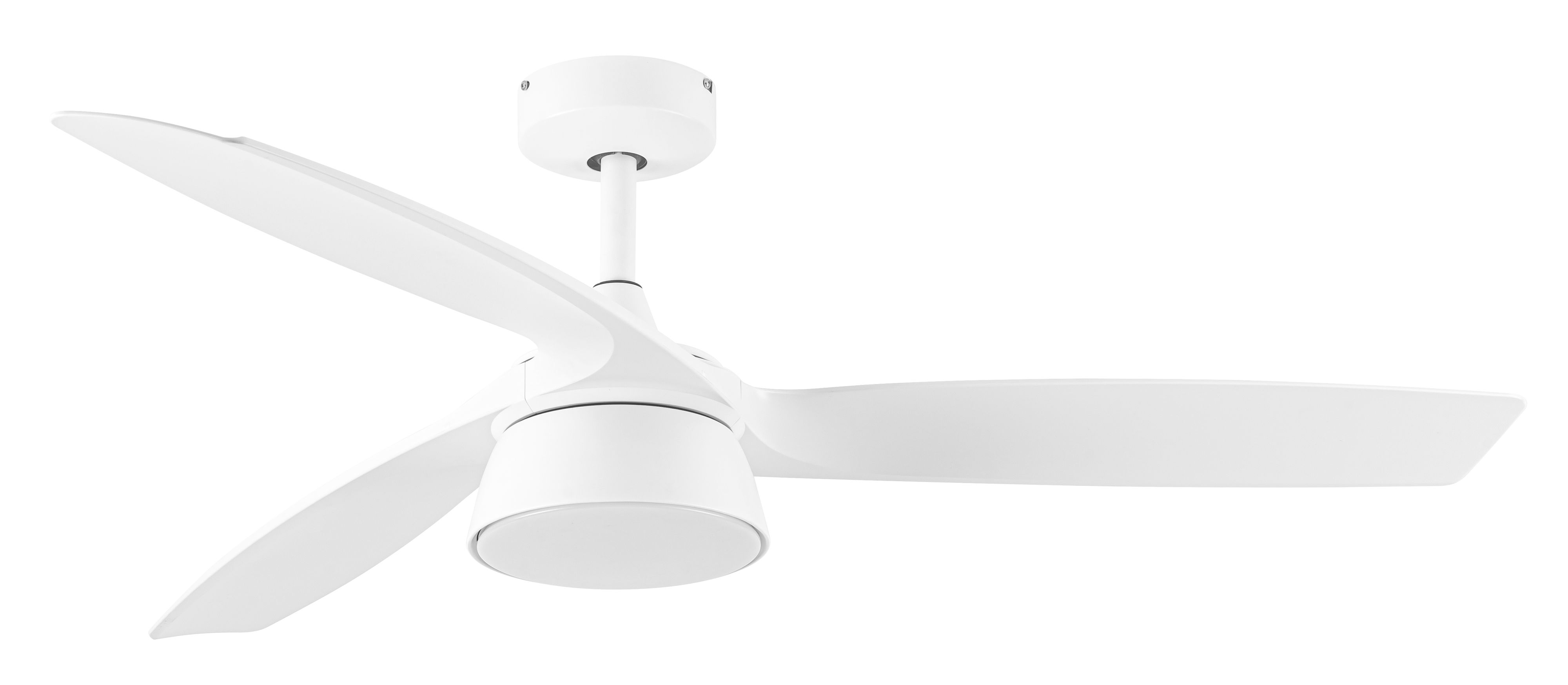 Weißer Deckenventilator mit drei gebogenen Flügeln, weißem Motorgehäuse und weißer Oberfläche.