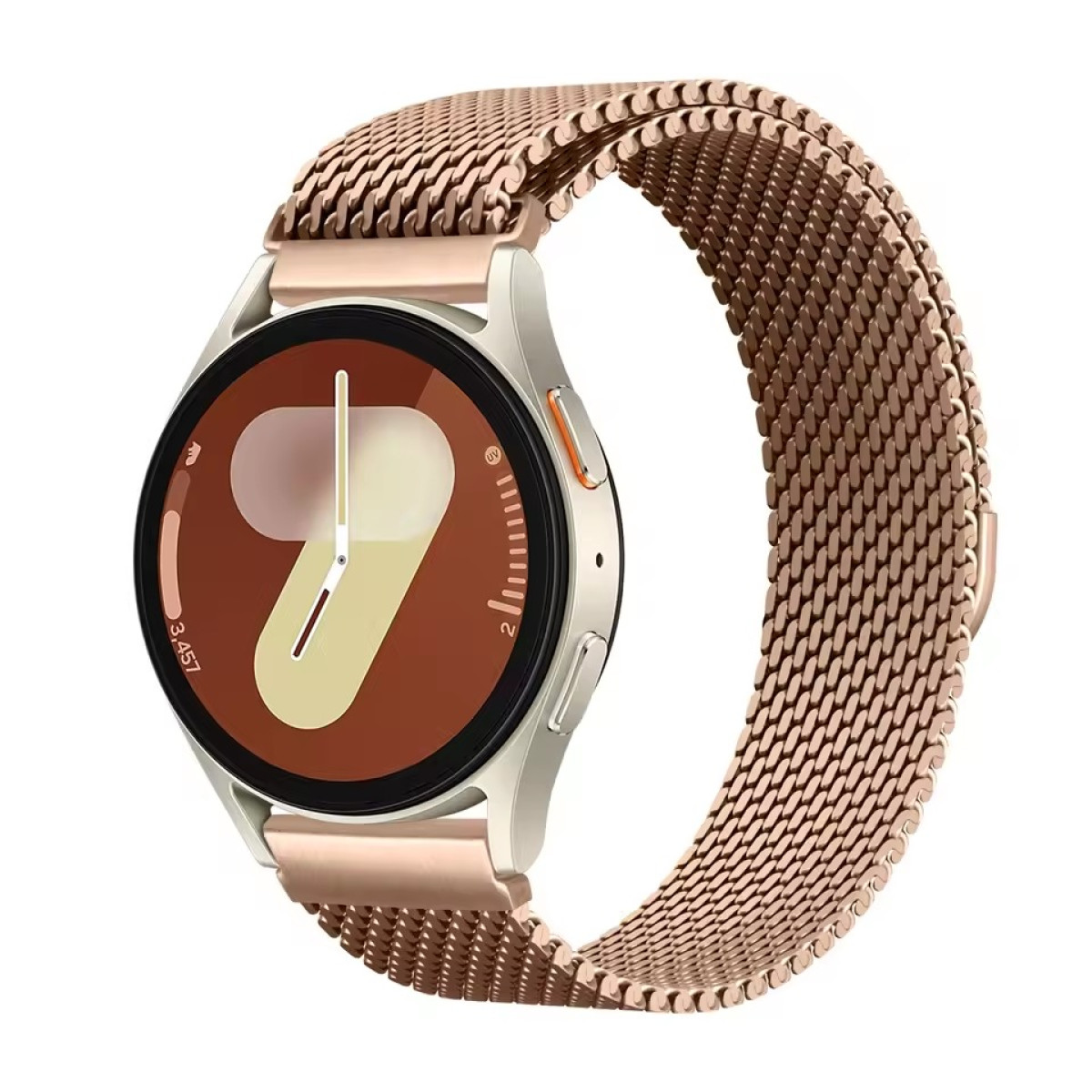 Roségoldene Smartwatch mit roségoldenem Mesh-Armband.