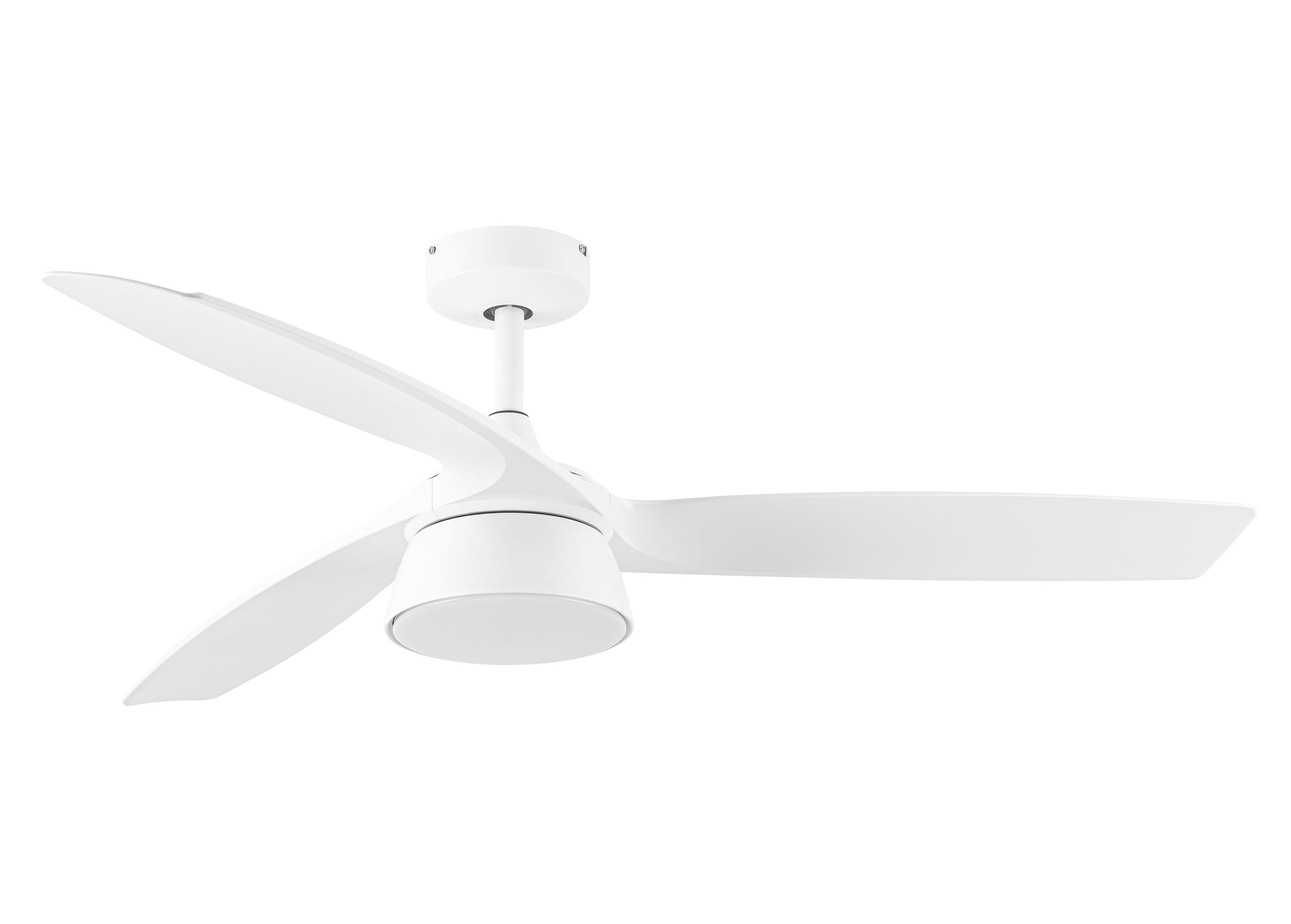 Weißer Deckenventilator mit drei Flügeln in modernem Design, vor weißem Hintergrund.