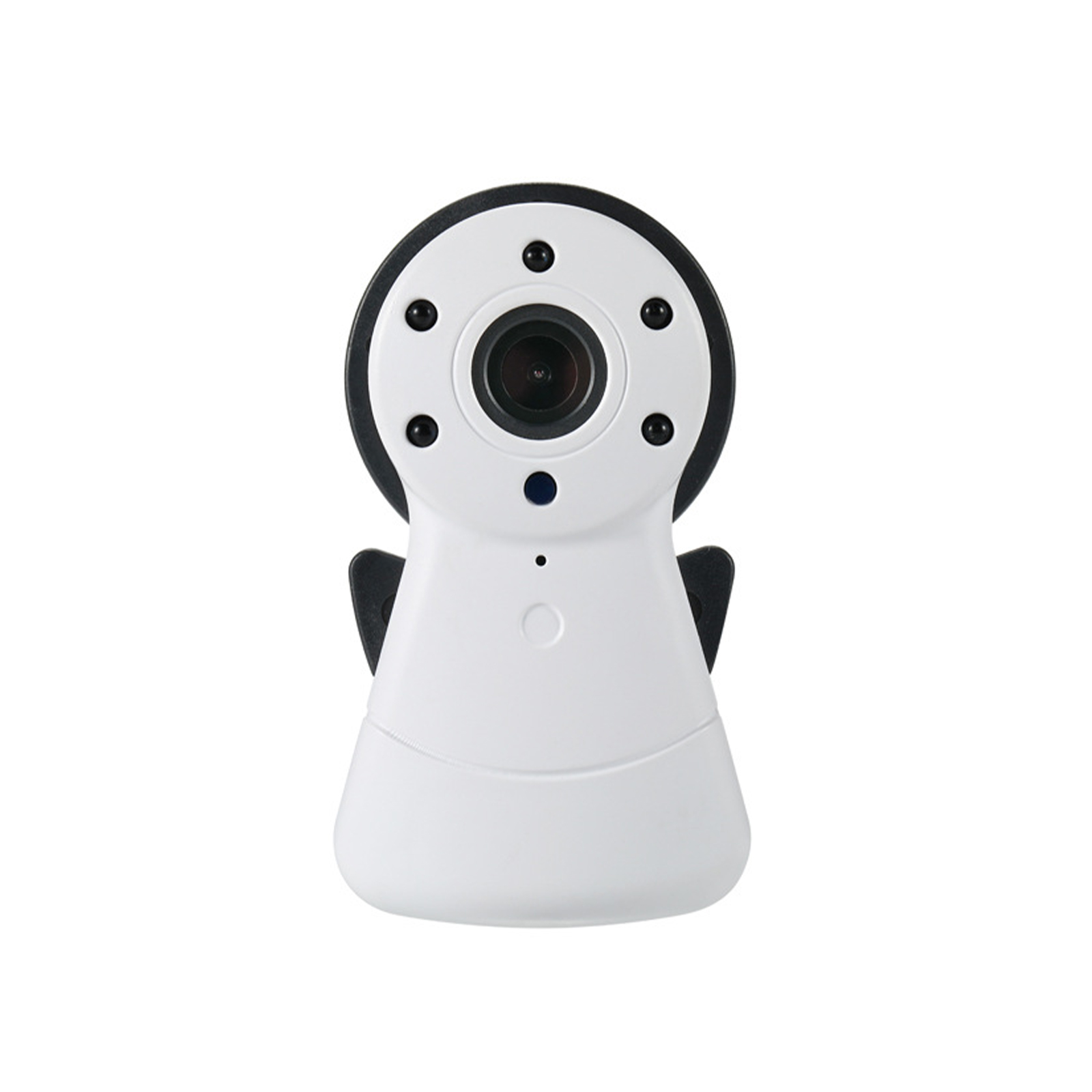 Babyphone mit weißem Gehäuse, schwarzem Ring um das Objektiv und schwarzen Akzenten.