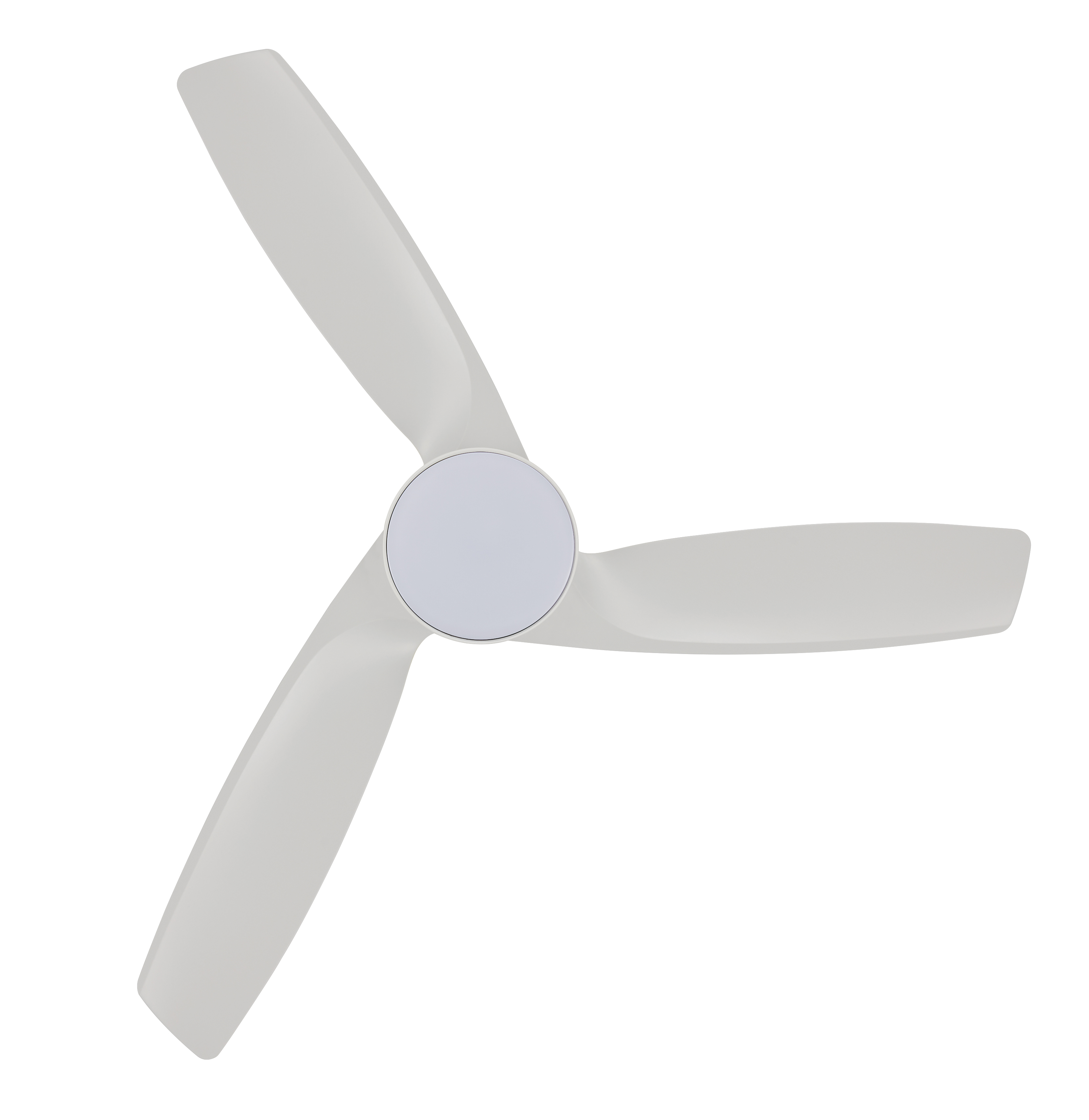 Deckenventilator mit drei Flügeln, weißem Gehäuse und weißem Mittelteil.