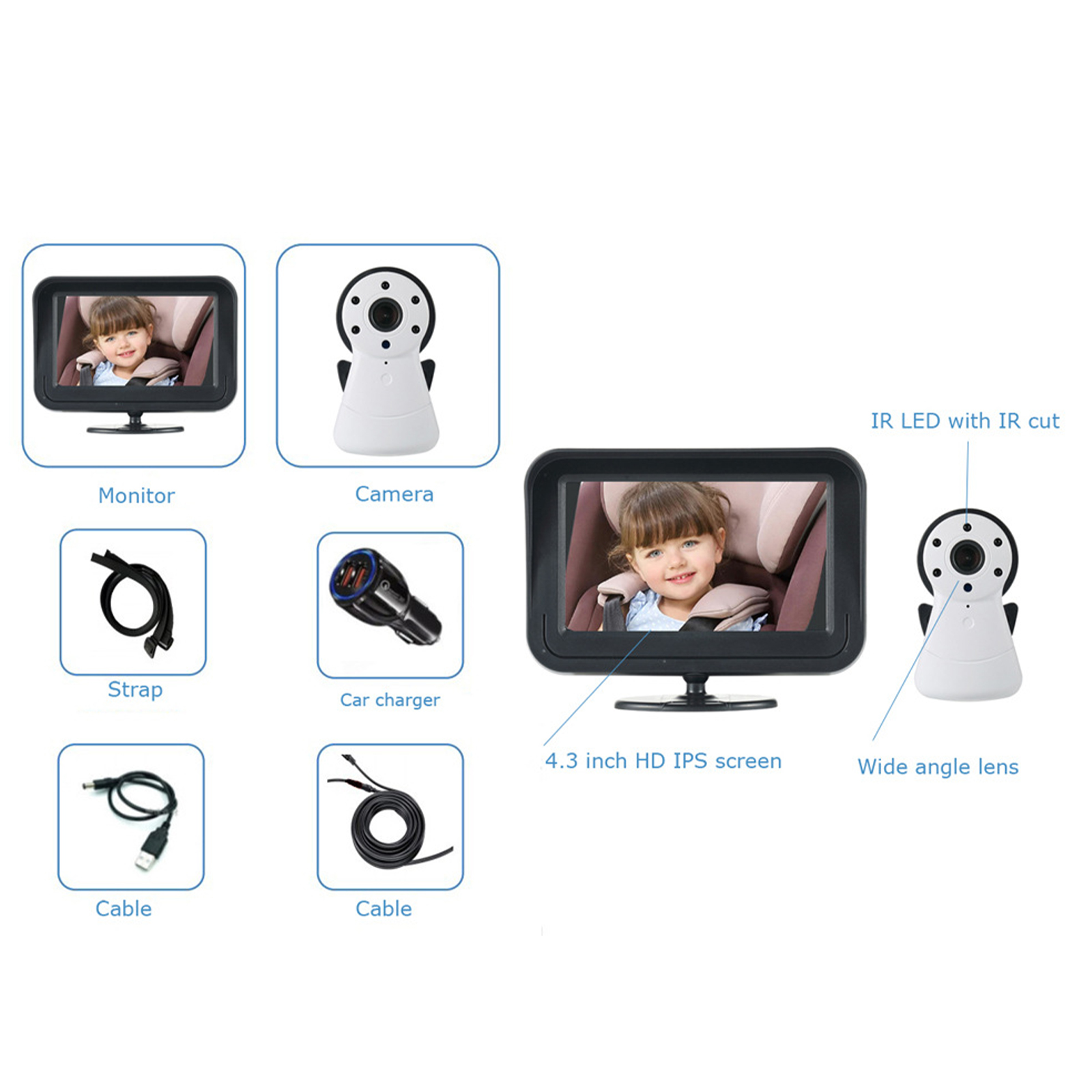 Babyphone-Setup mit Monitor, Kamera und Zubehör auf weißem Hintergrund.