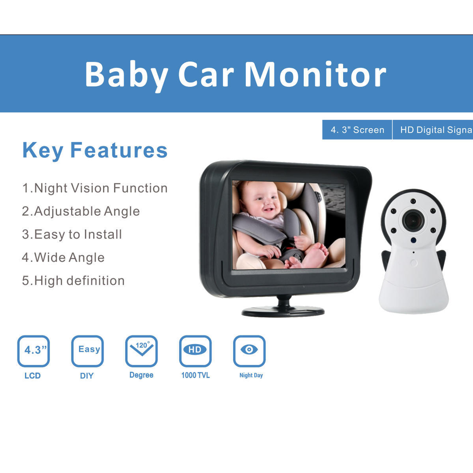 Baby-Auto-Monitor mit Funktionen und einem Bildschirm, der ein Baby in einem Autositz zeigt.