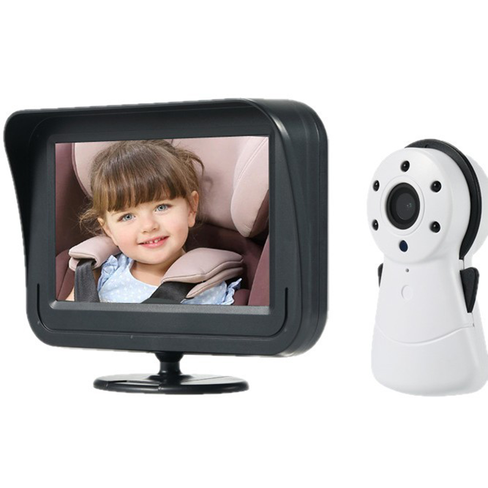 Babyphone-Bildschirm mit Kind, Kamera rechts.