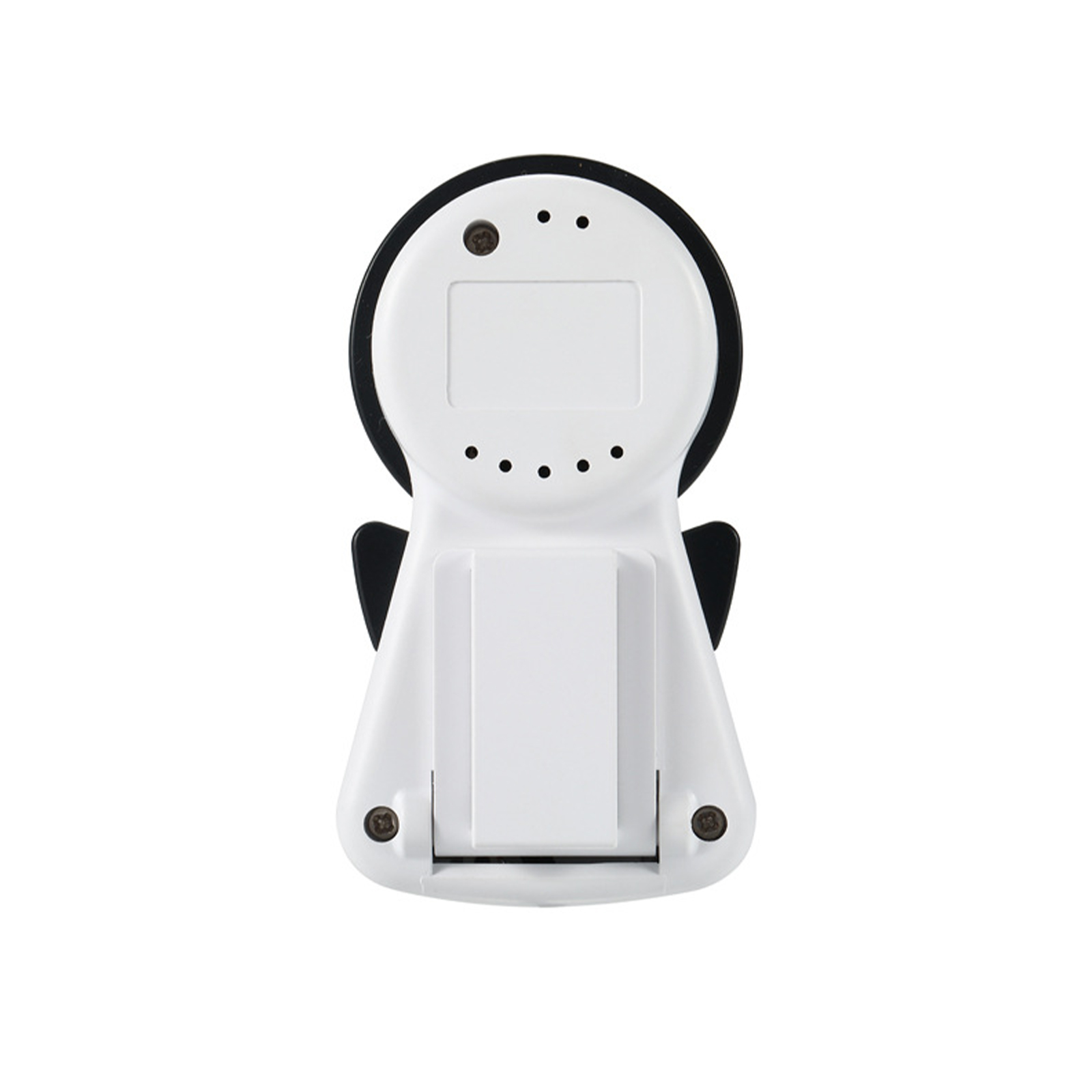 Rückansicht eines Babyphones mit weißem Gehäuse, schwarzen Akzenten und Batteriefach.