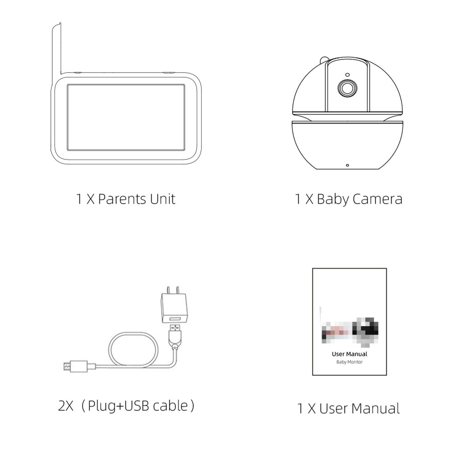 Diagramm eines Babyphones, einschließlich Kamera, Gerät und Ladegerät.
